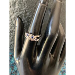 Vintage Royal Blue and Clear CZ Silver Twist Ring, Unmarked